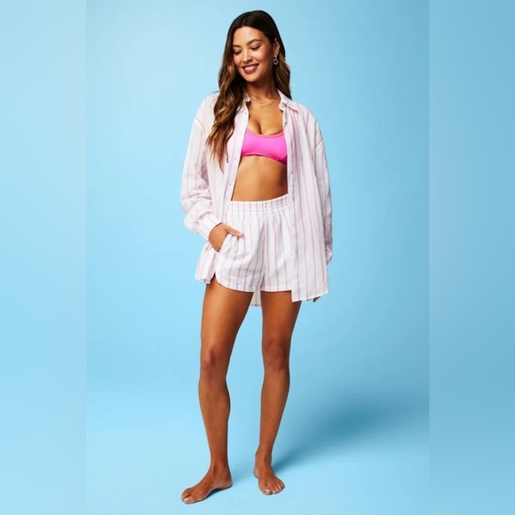 Fabletics set Cotton Voile Oversized Lite Striped Shirt high waist shorts Large - Picture 1 of 16